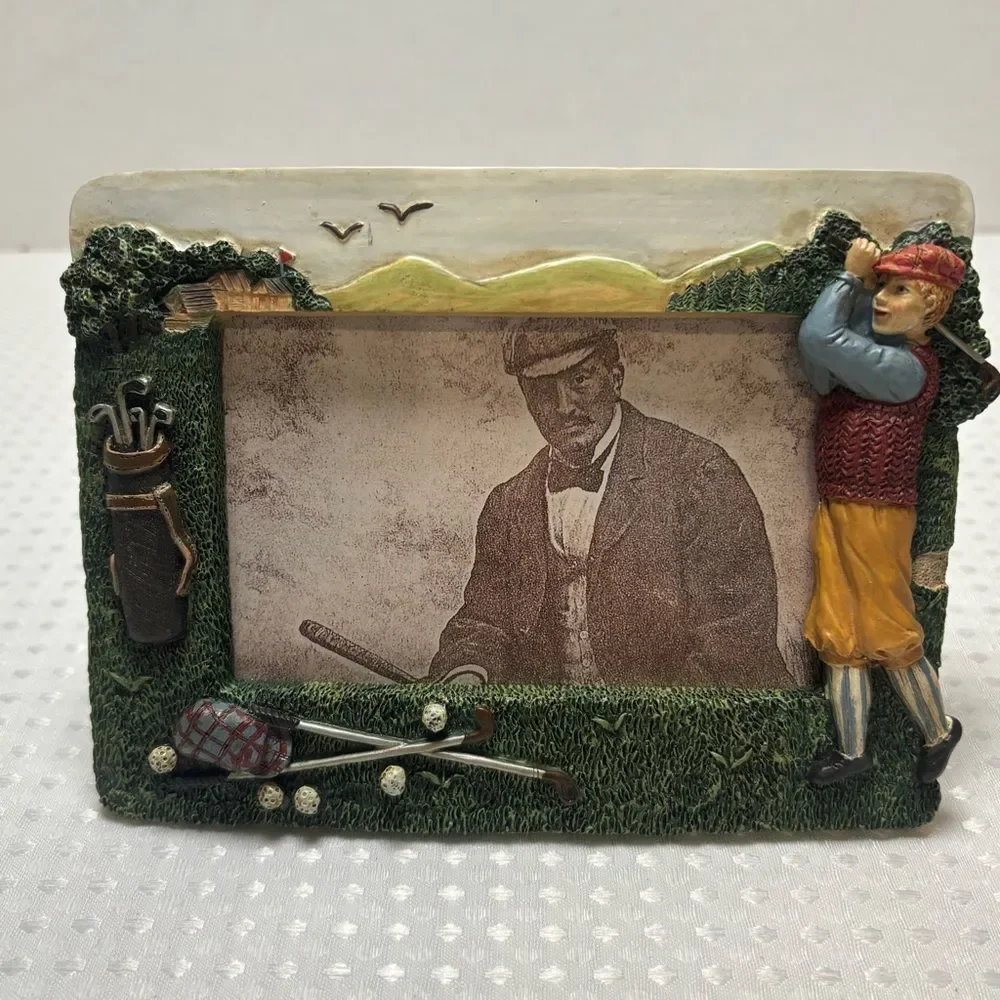 Vintage 3D Resin Golfer Tabletop Photo Frames Set of 2
